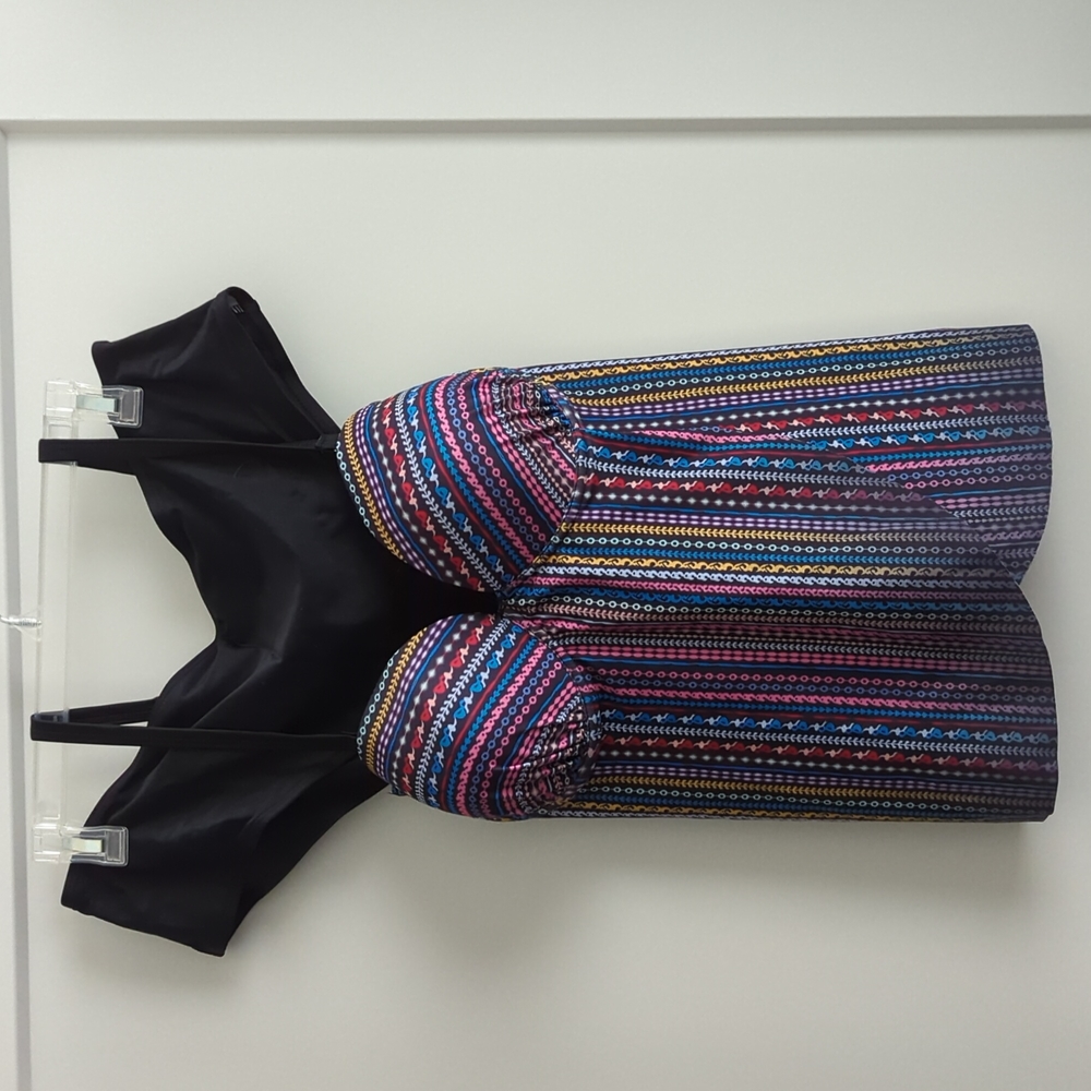 Women's Brand New Tankini. Multi Colored Top. Black Bottoms with Hygiene Sticker